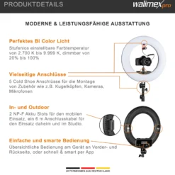 Walimex pro LED Rainbow Ringleuchte mit Lampenstativ & 2x Akku, RGB Ringlicht mit 60 W, Regenbogen LED per App steuerbar, Videoleuchte mit Smartphonehalter, Ring Light mit Effekten