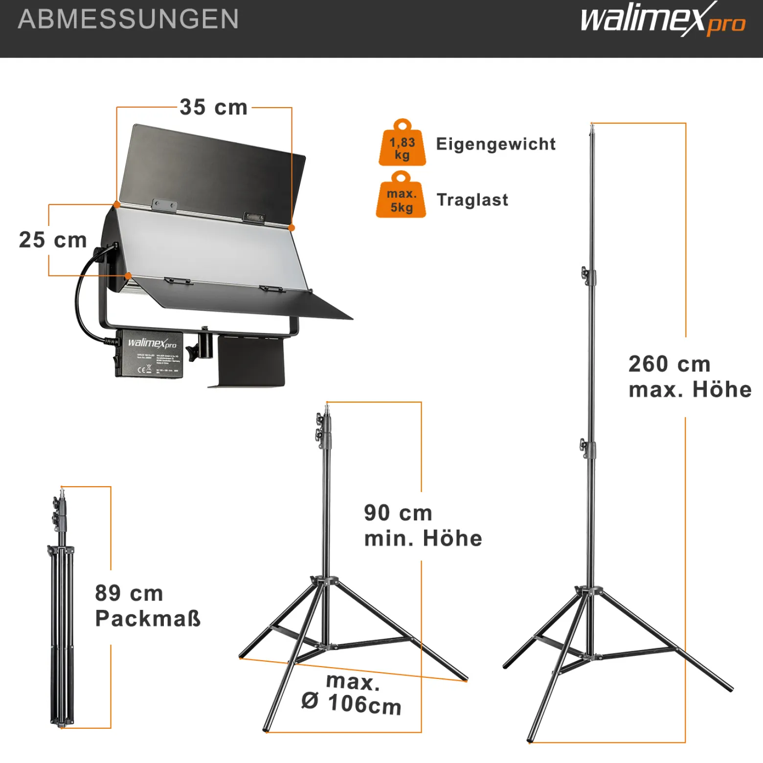 Walimex pro LED Sirius 160 Bi Color Flächenleuchte Set mit Lampenstativ, Flächenlicht 65 W, Videoleuchte stufenlos dimmbar 3200-5600 K, Lampenständer 90-260 cm mit Federdämpfung