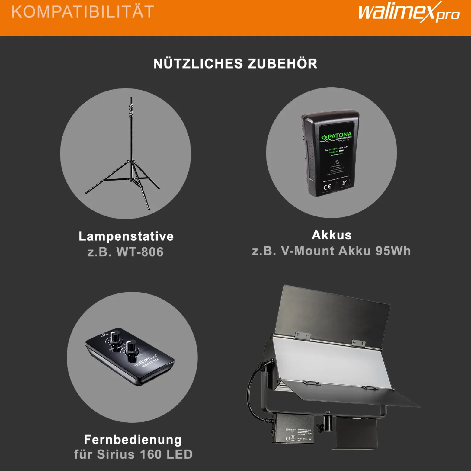 Walimex pro LED Sirius 160 Bi Color Flächenleuchte Set mit Lampenstativ, Flächenlicht 65 W, Videoleuchte stufenlos dimmbar 3200-5600 K, Lampenständer 90-260 cm mit Federdämpfung