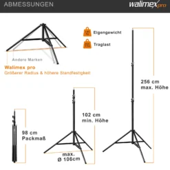 Walimex pro Lichtstativ WT-806 bis 256 cm Höhe, Blitzstativ mit Federdämpfung inkl. 3/8" Adapter & Tasche, Lampenstativ bis 6 kg, Studiostativ für Ringlicht, Reflektor, Blitz & Video