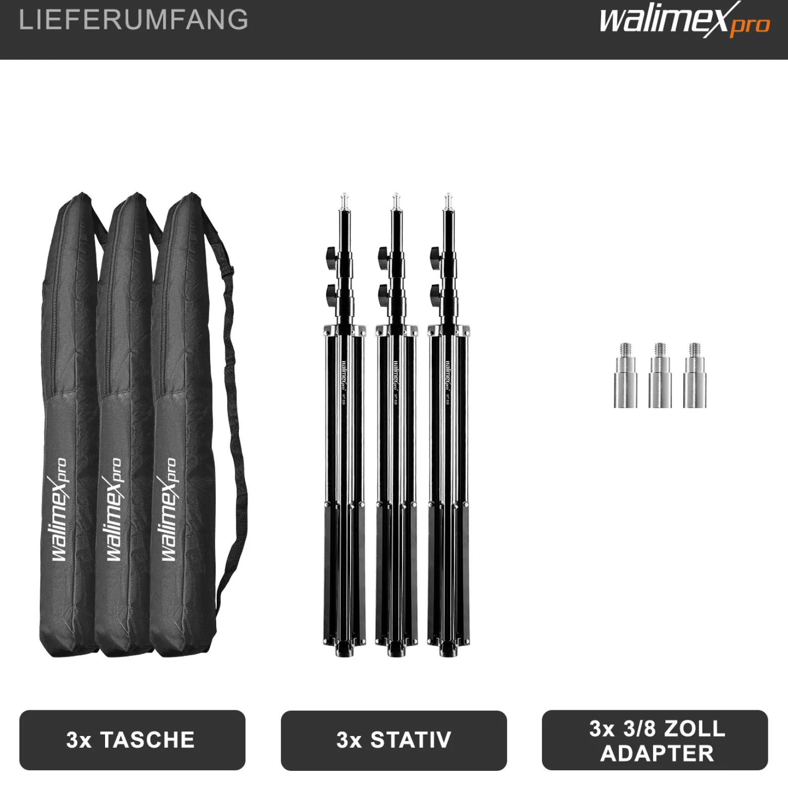 Walimex pro Lichtstativ WT-806 3er-Set bis 256 cm Höhe, Blitzstativ mit Federdämpfung inkl. 3/8" Adapter & Taschen, Lampenstativ bis 6 kg, Studiostativ für Ringlicht, Reflektor, Blitz & Video