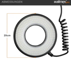 Walimex pro Macro LED Ringlicht Set inkl. Ministativ mit Kugelkopf, Ringleuchte 14 W mit 232 LEDs, stufenlos dimmbares Videolicht, Ringlampe mit Tageslichtcharakter