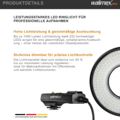 Walimex pro Macro LED Ringlicht Set inkl. Ministativ mit Kugelkopf, Ringleuchte 14 W mit 232 LEDs, stufenlos dimmbares Videolicht, Ringlampe mit Tageslichtcharakter