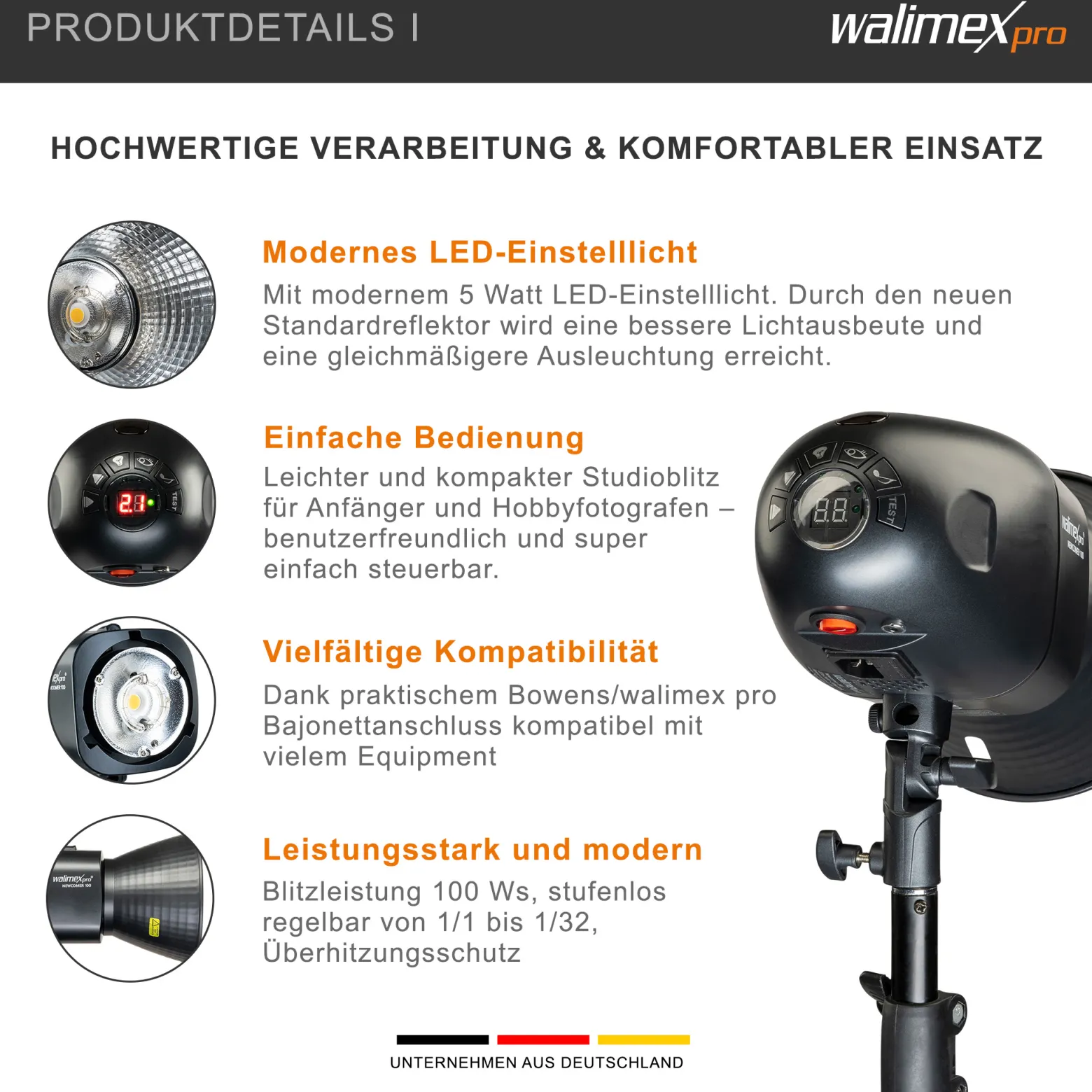Walimex pro Newcomer 100 II Set, Studioblitz Set inkl. Softbox und Lampenstativ, LED Studiolicht mit Funk, Studiolampe mit hoher Lichtleistung ideal für Fotostudio