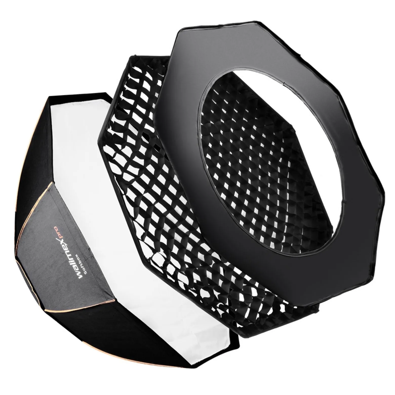 Walimex pro Octagon Softbox Plus Orange Line 90 cm - 600 x 900 x 900 mm - mit golden-silbernem Einsatz - schwarz-weiß - Lichtformer inkl. Adapters für Aurora/Bowens