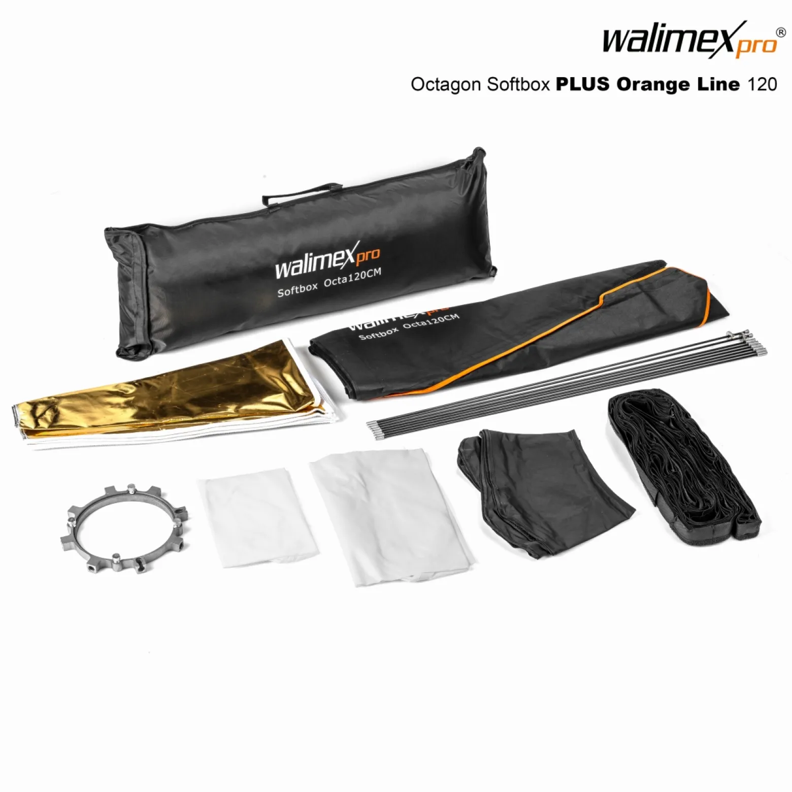 Walimex pro Octagon Softbox Plus Orange Line 120 cm - 900 x 1200 x 1200 mm - mit golden-silbernem Einsatz - schwarz-weiß - inkl. Adapters für Aurora/Bowens