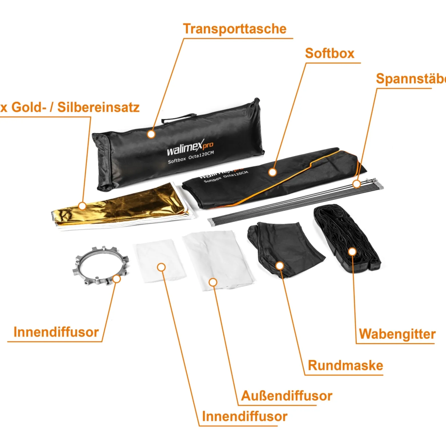 Walimex pro Octagon Softbox Plus Orange Line 120 cm - 900 x 1200 x 1200 mm - mit golden-silbernem Einsatz - schwarz-weiß - inkl. Adapters für Elinchrom