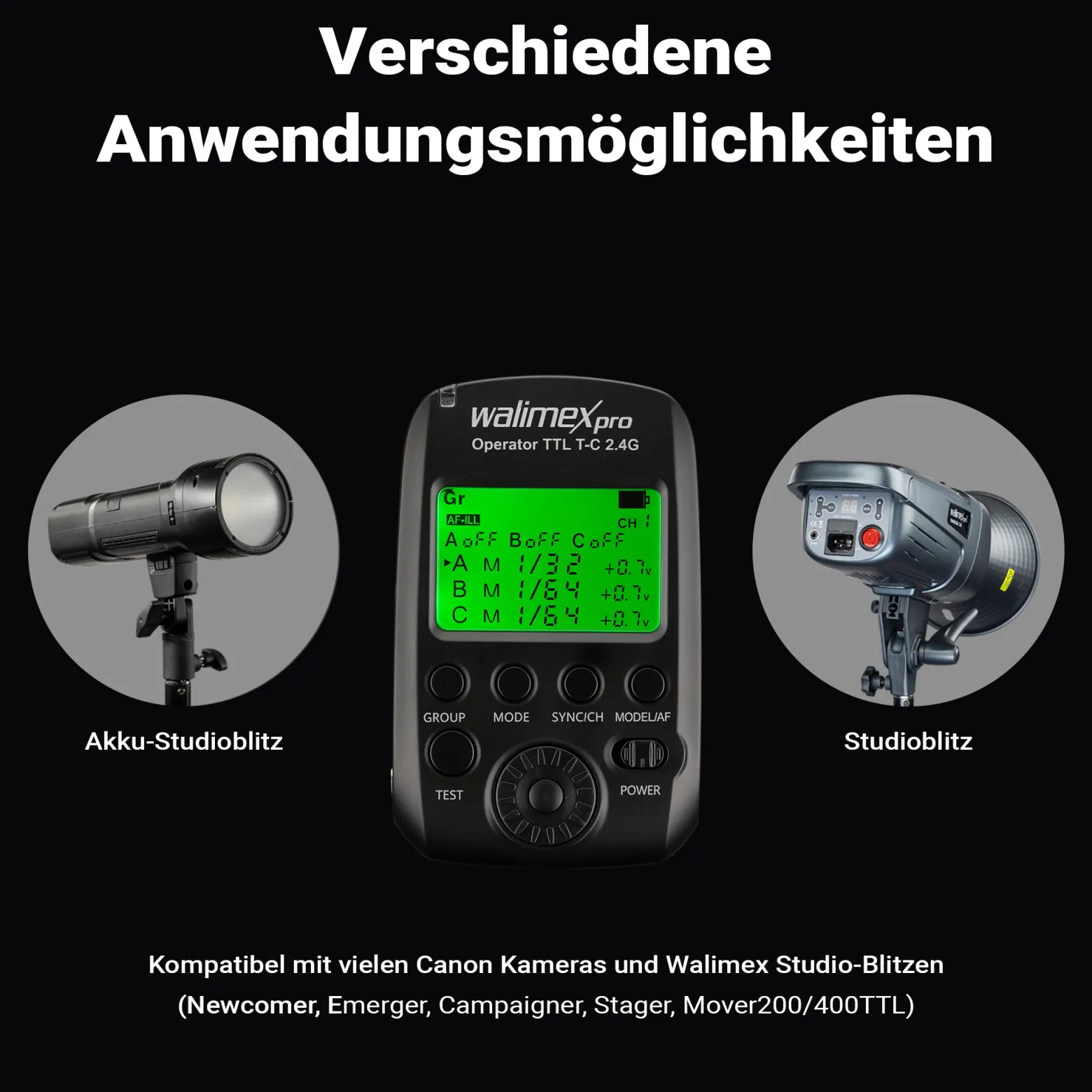 Walimex pro Operator TTL T-C kompatibel mit Canon Kamera, Funk Fernbedienung Auslöser für Newcomer, Emerger, Campaigner, Stager und Mover 200/400 TTL