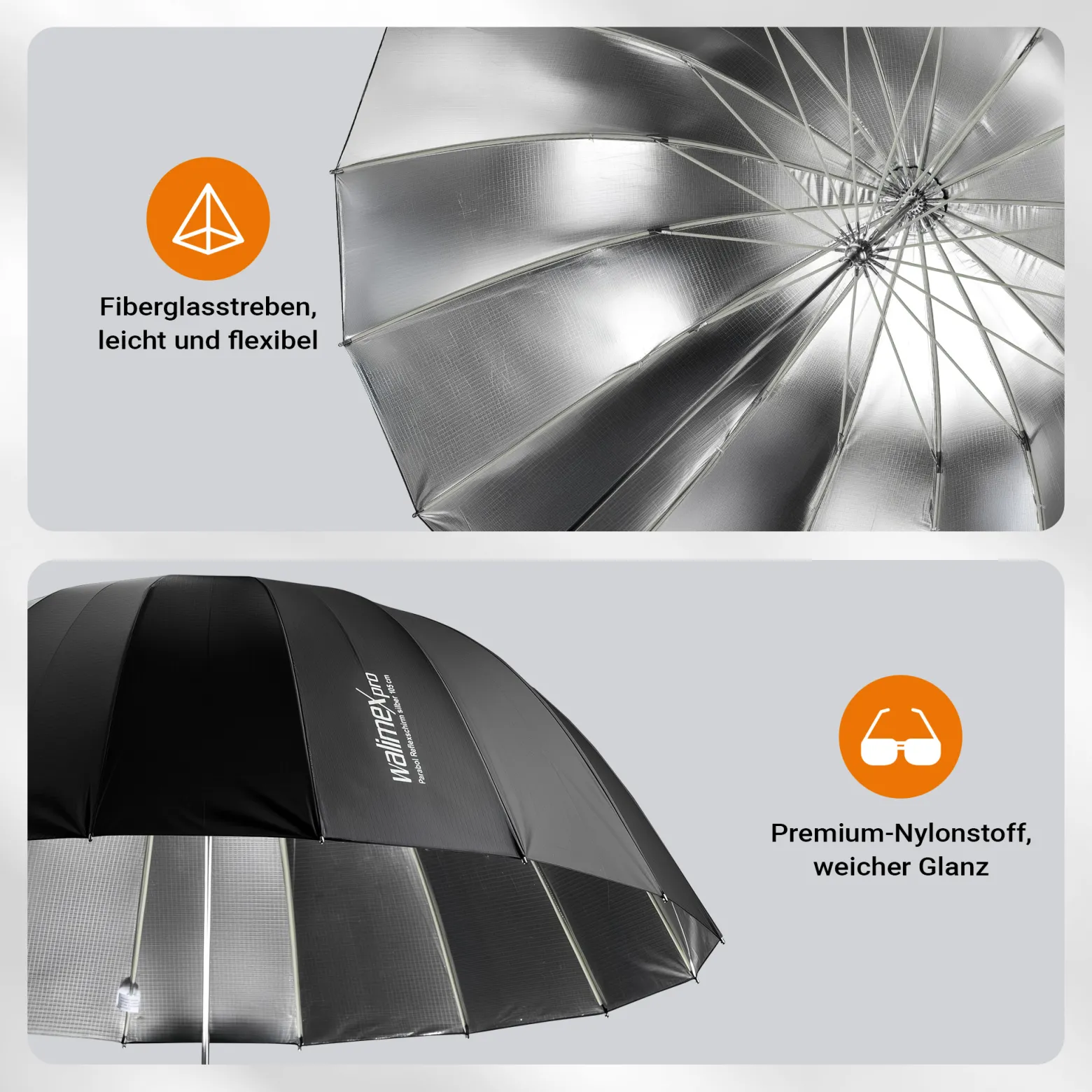 Walimex pro Parabol Reflexschirm schwarz/ silberfarben Ø 165 cm für kontrastreiches Licht