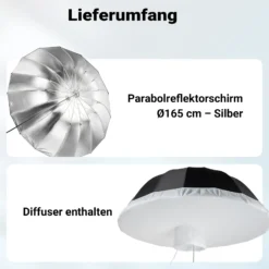 Walimex pro Parabol Reflexschirm schwarz/silberfarben Ø 165 cm + Diffusor – Lichtformer Set für Fotografie und Videografie