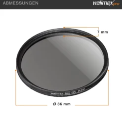 Walimex pro Polfilter zirkular slim 86 mm, Polarisationsfilter inkl. Schutzhülle, CPL Filter mit Metallfassung, Kamera Pol Filter für professionelle Aufnahmen