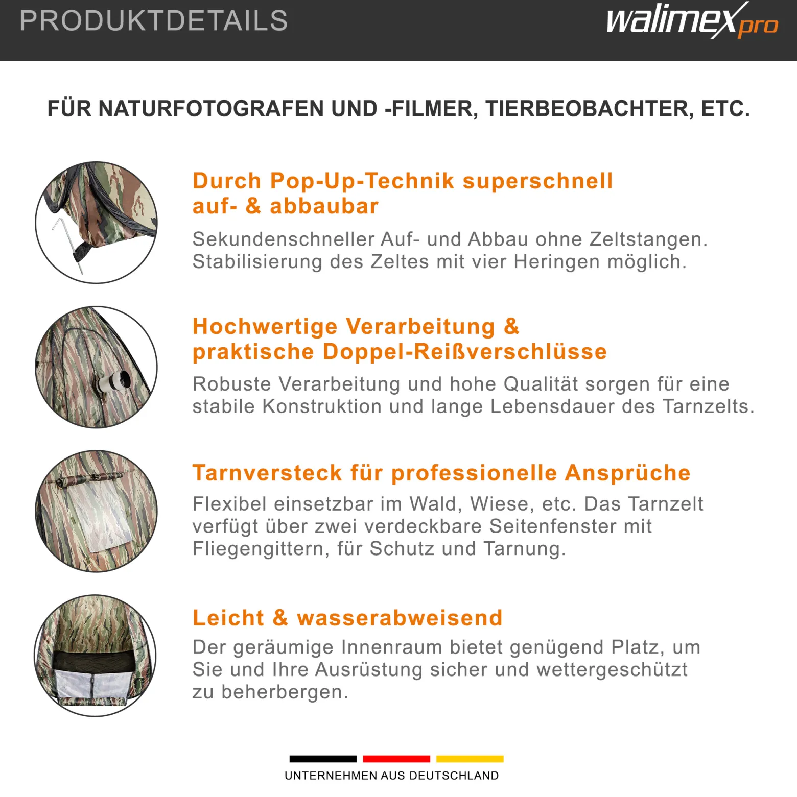 Walimex pro Pop-up Camouflage Tarnzelt für Naturfotografie und Tierbeobachtung – 1100 x 1100 x 1400 mm – Schnell auf- und abbaubar, mit Seitenfenstern inkl. Transporttasche