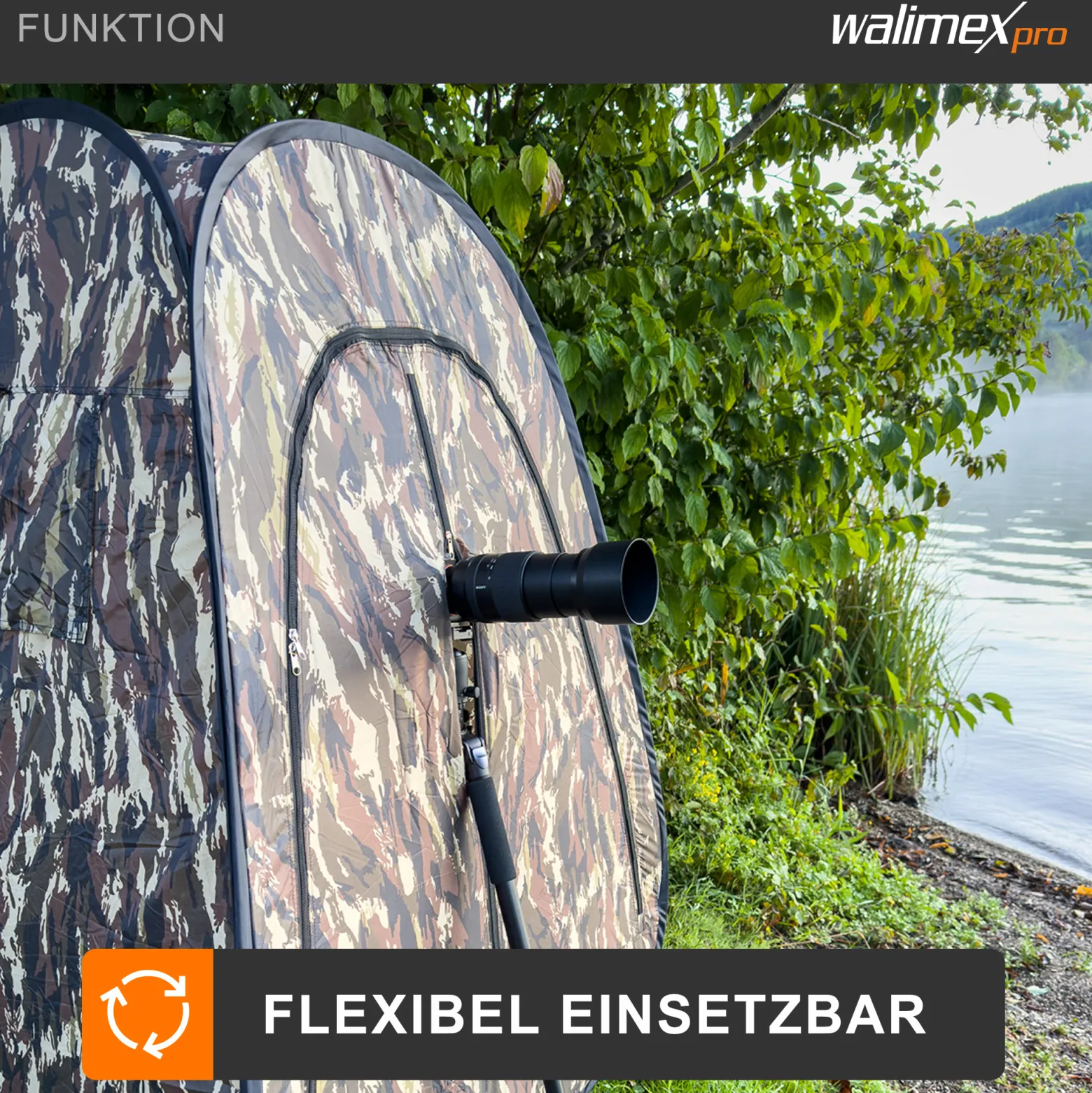Walimex pro Pop-up Camouflage Tarnzelt für Naturfotografie und Tierbeobachtung – 1100 x 1100 x 1400 mm – Schnell auf- und abbaubar, mit Seitenfenstern inkl. Transporttasche