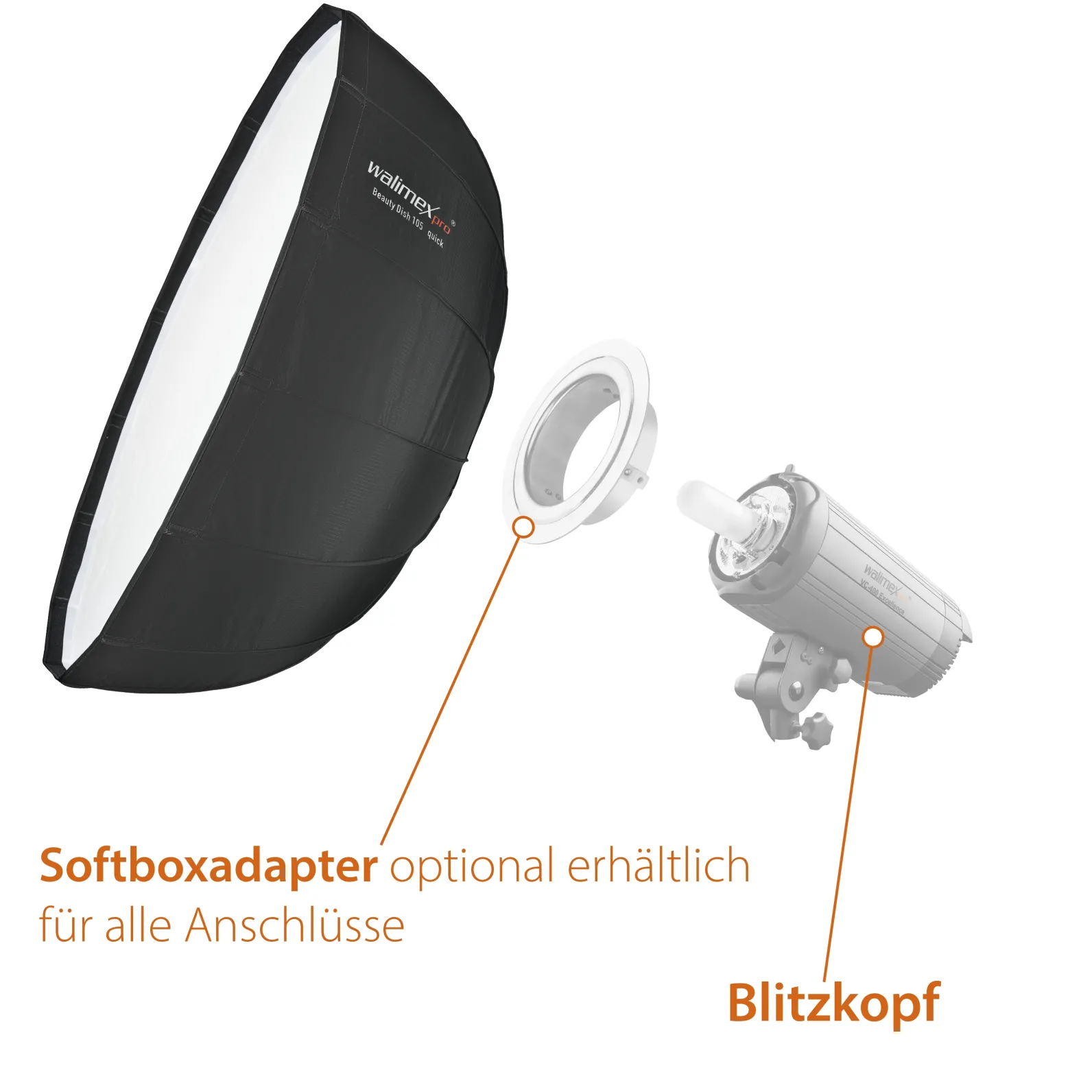 Walimex pro SL Beauty Dish Softbox QA105 Ø 105 cm kompatibel mit Aurora Bowens, Lichtformer mit Grid und Diffusoren, Reflektor für Fotografie