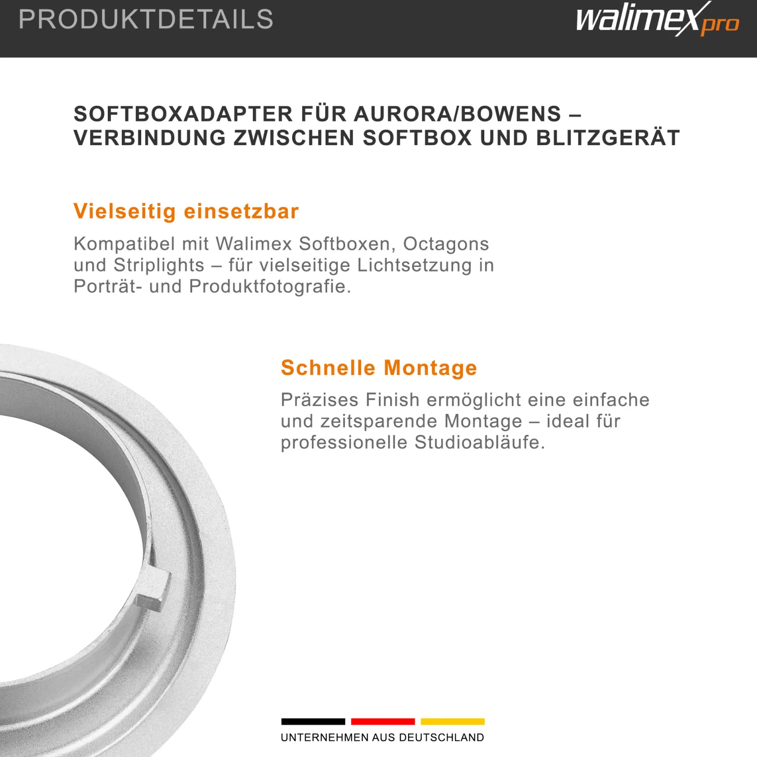 Walimex pro Softboxadapter kompatibel mit Aurora/Bowens - 152 x 152 x 30 mm - Metall - Lichtformer Adapter für Walimex RD, kompatibel mit Aurora Fusion, kompatibel mit Genesis