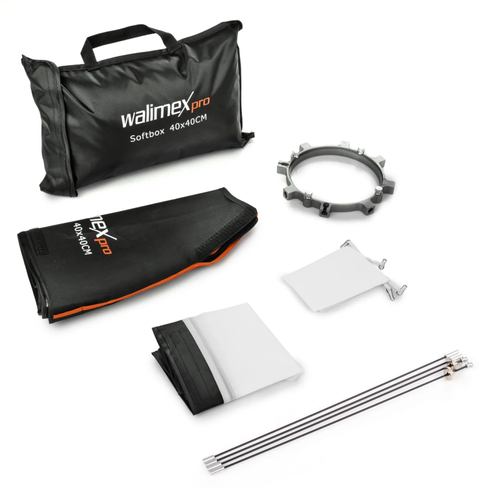 Walimex pro Softbox Orange Line 40x40, um 360° drehbar, einfacher Aufbau, inkl. Diffusoren und Tasche, ideal für Produkt- und Peoplefotografie - schwarz-weiß - inkl. Adapters für K Serie
