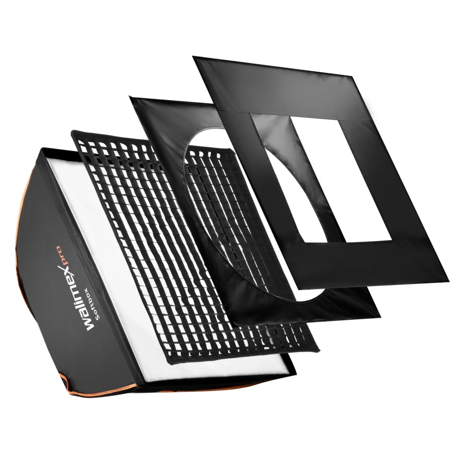 Walimex pro Softbox PLUS Orange Line 60 x 60 cm - schneller Aufbau, 360° drehbar, inkl. Diffusoren, Grid, Maske, Tasche, ideal für Produkt-, Beauty- & Peoplefotografie
