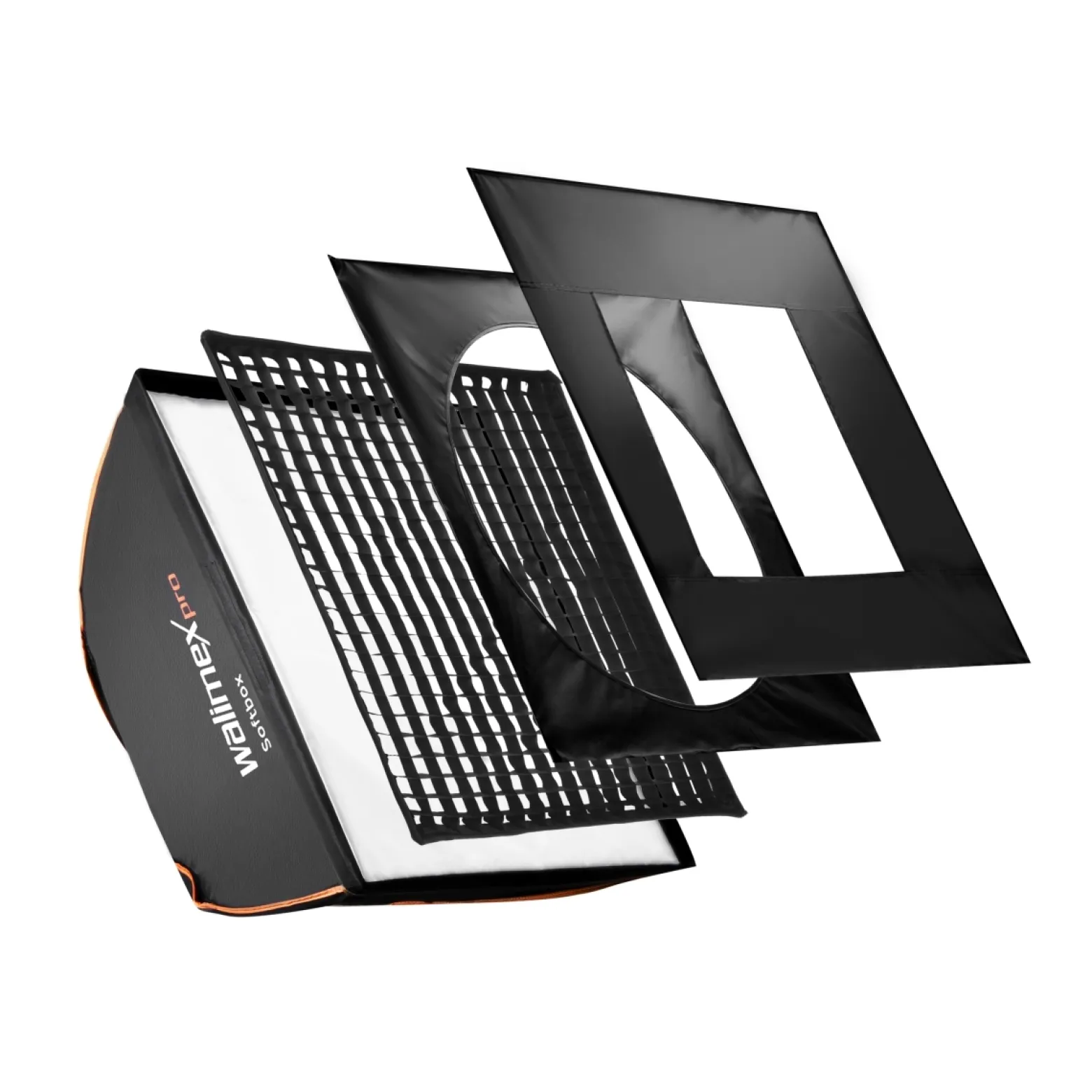Walimex pro Softbox PLUS Orange Line 40x40, um 360° drehbar, einfacher Aufbau, inkl. Diffusoren, Grid, Masken, Transporttasche, ideal für Produkt- und Peoplefotografie - schwarz-weiß
