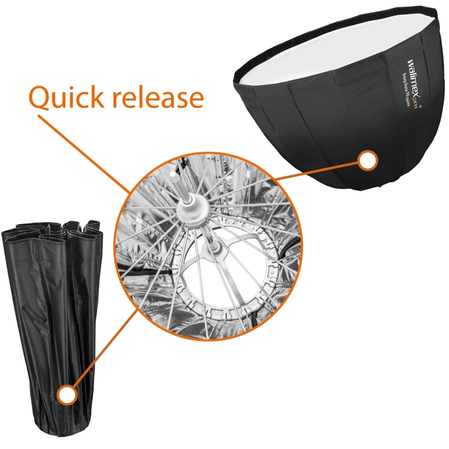 Walimex pro Softbox Studio Line Deep Rota QA90 - 700 x 900 x 900 mm - mit Quick Assemble System, Grid, Diffusoren, Tasche, Speedring für Aufsteckblitz Systemblitz Studioblitz