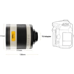 Walimex pro Spiegel Objektiv 800/8,0 DSLR kompatibel mit Nikon F – Länge 131mm – für 800mm Brennweite – Vollformat/APS-C Sensor – für Reise Natur Tiere – K-Mount T2-Adapter – 3,5m Naheinstellgrenze
