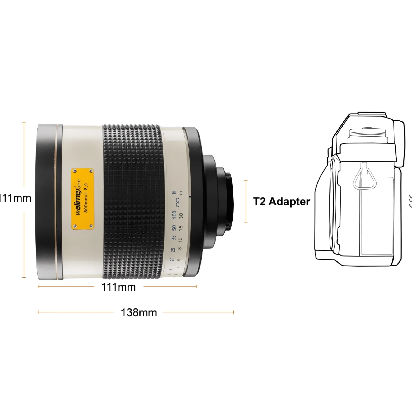 Walimex pro Spiegel Objektiv 800/8,0 DSLR kompatibel mit Nikon F – Länge 131mm – für 800mm Brennweite – Vollformat/APS-C Sensor – für Reise Natur Tiere – K-Mount T2-Adapter – 3,5m Naheinstellgrenze