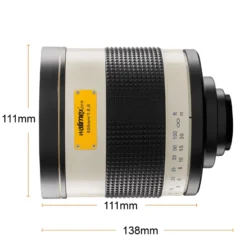 Walimex pro Spiegel Objektiv 800/8,0 DSLR kompatibel mit Nikon F – Länge 131mm – für 800mm Brennweite – Vollformat/APS-C Sensor – für Reise Natur Tiere – K-Mount T2-Adapter – 3,5m Naheinstellgrenze