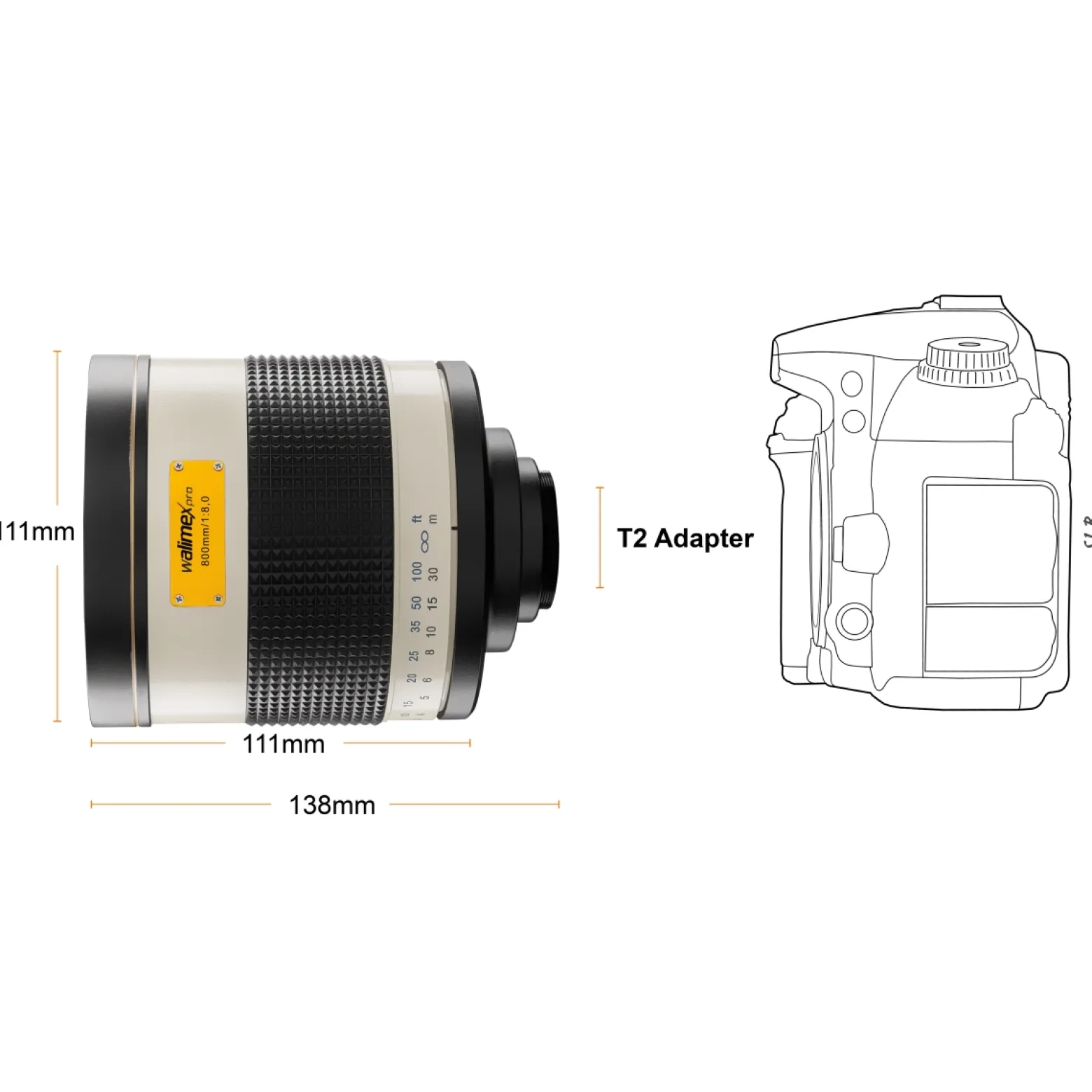 Walimex pro Spiegel Objektiv 800/8,0 DSLR kompatibel mit Canon EOS M – Länge 131mm – für 800mm Brennweite – Vollformat/APS-C Sensor – Reise Natur Tiere – K-Mount T2-Adapter – 3,5m Naheinstellgrenze
