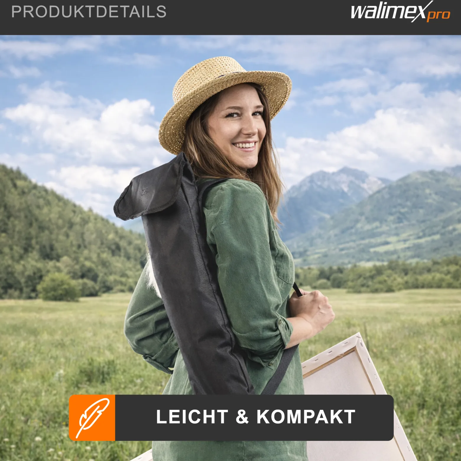 Walimex pro Staffelei L 50-165 cm, Leinwandstaffelei aus Aluminium inkl. Transporttasche, Feldstaffelei für Leinwand bis 122 cm, Leinwandstativ mit Ablage