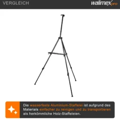Walimex pro Staffelei XL 60-180 cm, Leinwandstaffelei aus Aluminium inkl. Transporttasche, Feldstaffelei für Leinwand bis 140 cm, Leinwandstativ mit Ablage