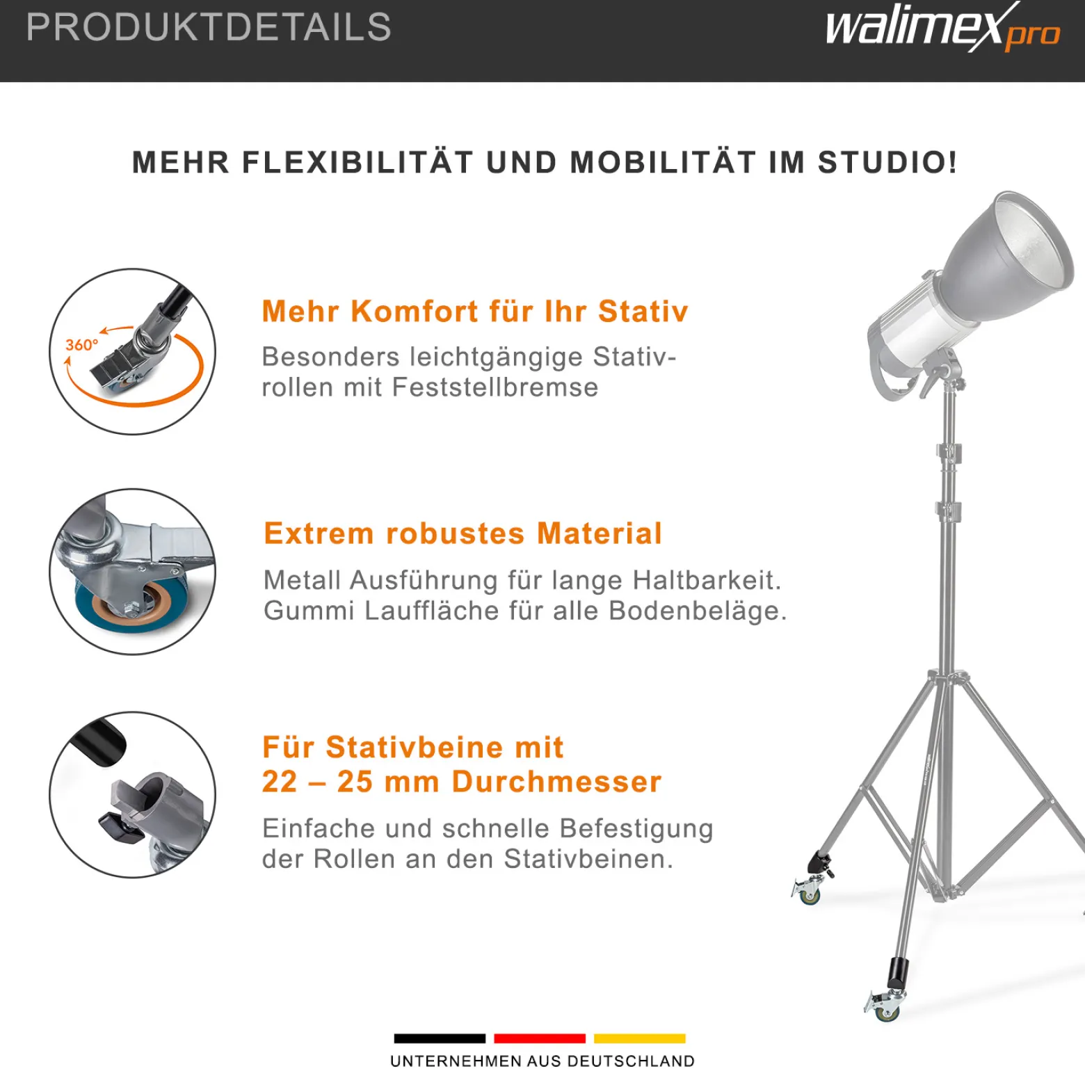 Walimex pro Stativrollen Pro 3er-Set - Stativrollen Lenkrollen Set - Vollmetall, Ø 75 mm - Gummi Lauffläche und Bremse - für Stativbeine Ø 22-25mm - für Licht Lampen und Videostativ, Schwarz