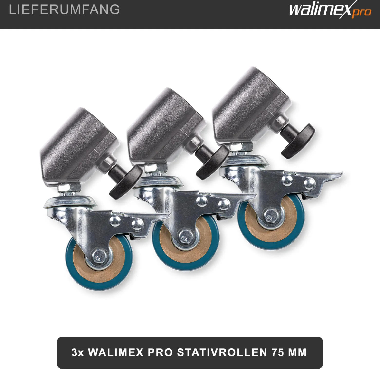 Walimex pro Stativrollen Pro 3er-Set - Stativrollen Lenkrollen Set - Vollmetall, Ø 75 mm - Gummi Lauffläche und Bremse - für Stativbeine Ø 22-25mm - für Licht Lampen und Videostativ, Schwarz