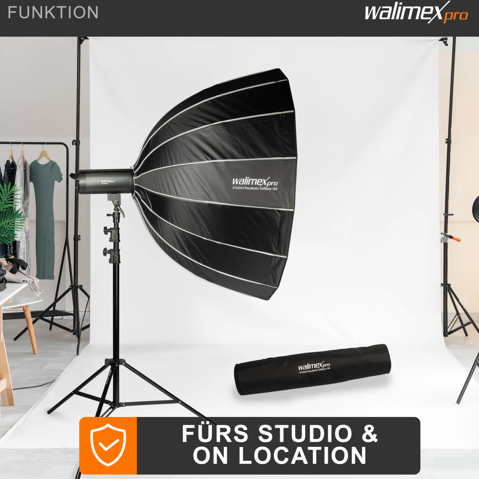 Walimex pro Studio Parabolic Softbox 120cm, um 360° drehbar, einfacher Aufbau dank Schirmfunktion, inkl. Grid, Maske, Bowens Adapter und Transporttasche, ideal für Porträts und Beauty-Aufnahmen