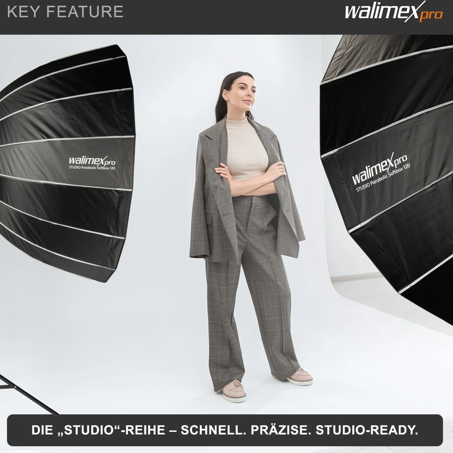 Walimex pro Studio Parabolic Softbox 120cm, um 360° drehbar, einfacher Aufbau dank Schirmfunktion, inkl. Grid, Maske, Bowens Adapter und Transporttasche, ideal für Porträts und Beauty-Aufnahmen