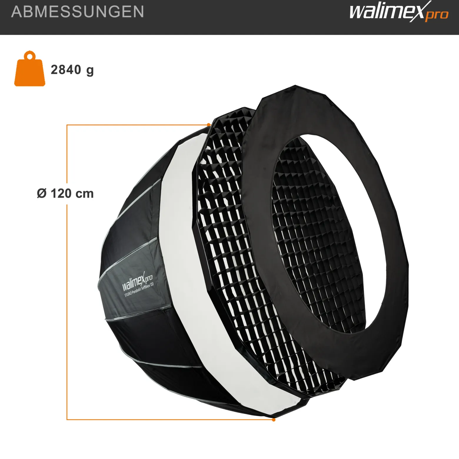 Walimex pro Studio Parabolic Softbox 120cm, um 360° drehbar, einfacher Aufbau dank Schirmfunktion, inkl. Grid, Maske, Bowens Adapter und Transporttasche, ideal für Porträts und Beauty-Aufnahmen