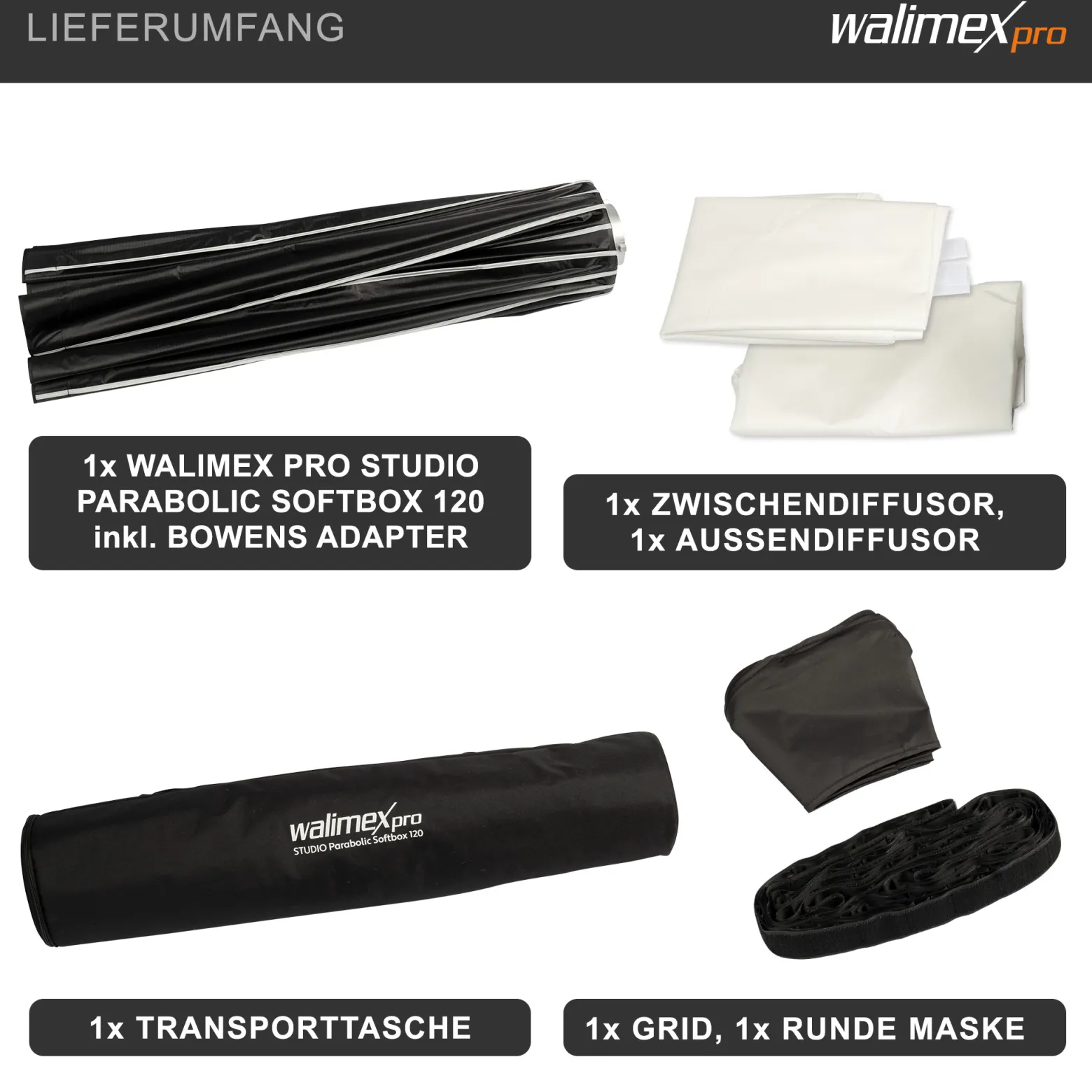 Walimex pro Studio Parabolic Softbox 120cm, um 360° drehbar, einfacher Aufbau dank Schirmfunktion, inkl. Grid, Maske, Bowens Adapter und Transporttasche, ideal für Porträts und Beauty-Aufnahmen