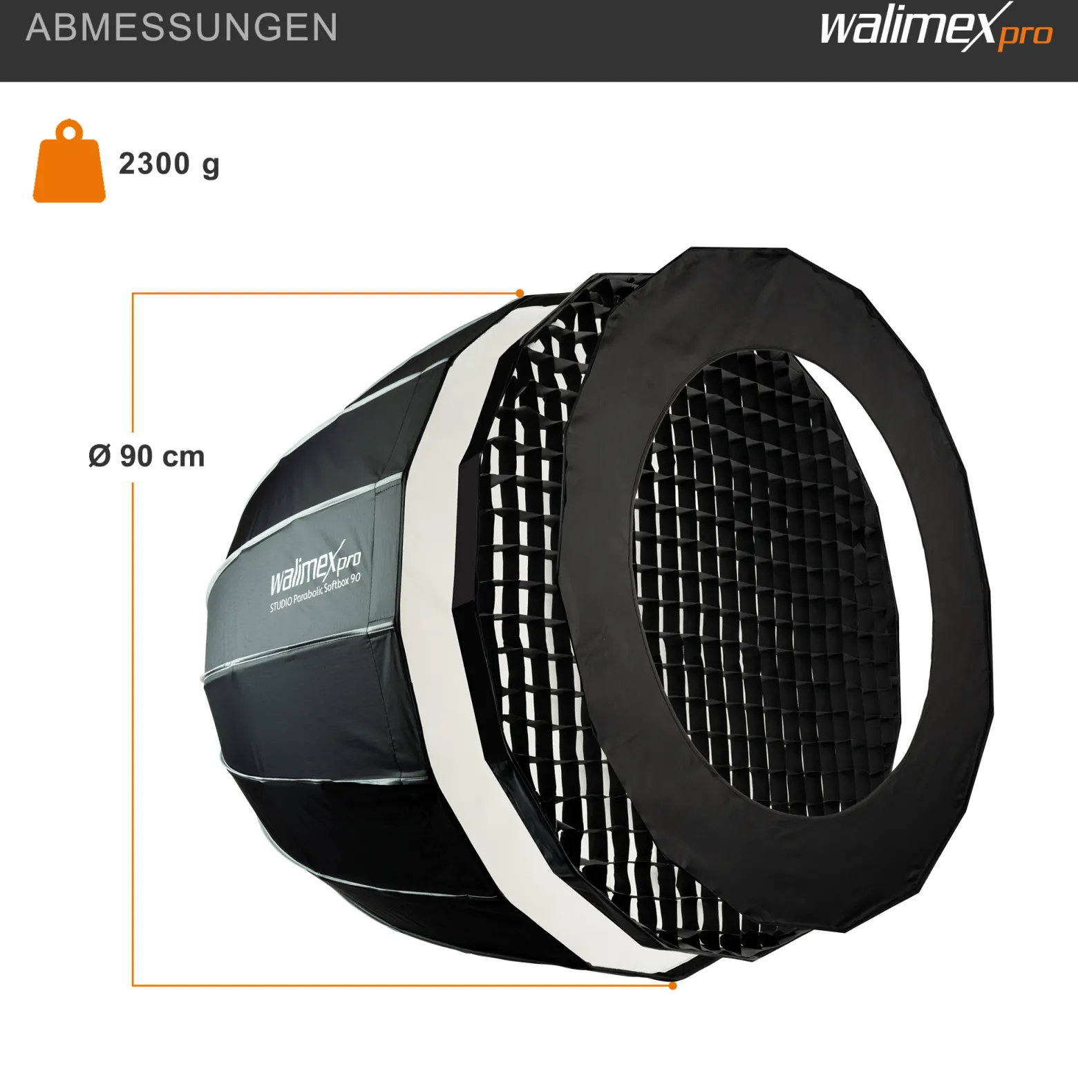 Walimex pro Studio Parabolic Softbox 90cm, um 360° drehbar, einfacher Aufbau dank Schirmfunktion, inkl. Grid, Maske, Bowens Adapter und Transporttasche, ideal für Porträts und Beauty-Aufnahmen