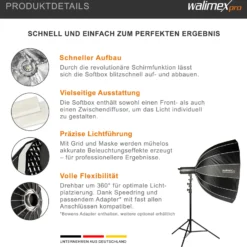 Walimex pro Studio Parabolic Softbox 120cm + Elinchrom Adapter 15,2cm, 360°, Schirmfunktion, inkl. Grid, Maske, Bowens Adapter und Transporttasche, ideal für Porträts und Beauty-Aufnahmen