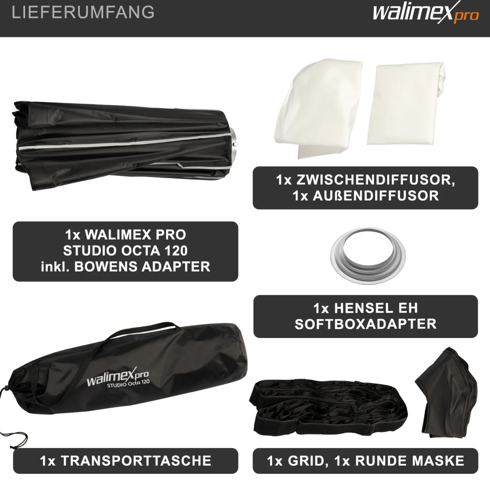 Walimex pro Studio Softbox Octagon 120cm + Softboxadapter für Hensel Expert, um 360° drehbar, inkl. Grid, Maske, Bowens Adapter und Transporttasche, ideal für Porträts und Beauty-Aufnahmen