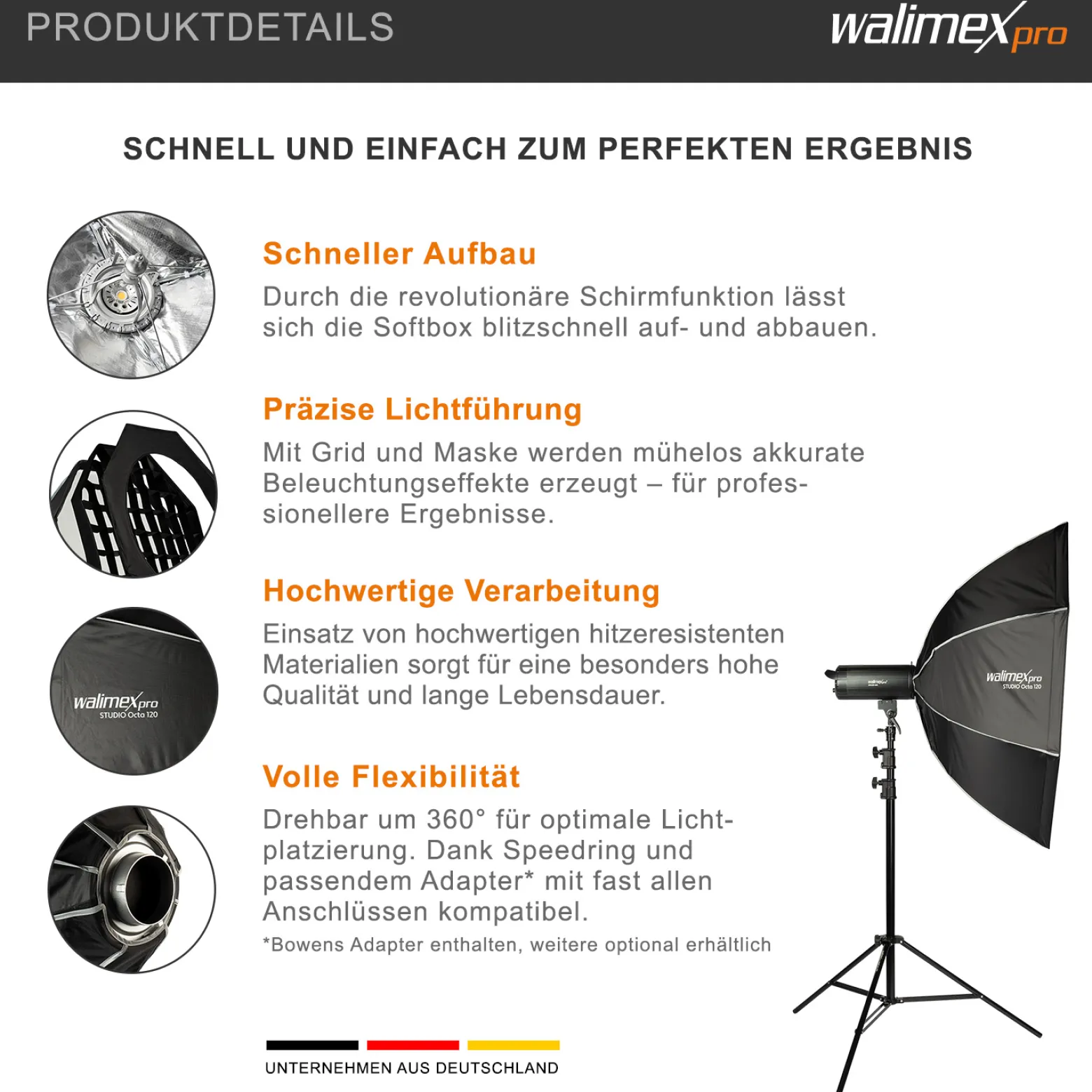 Walimex pro Studio Softbox Octagon 120cm + Softboxadapter für Hensel Expert, um 360° drehbar, inkl. Grid, Maske, Bowens Adapter und Transporttasche, ideal für Porträts und Beauty-Aufnahmen