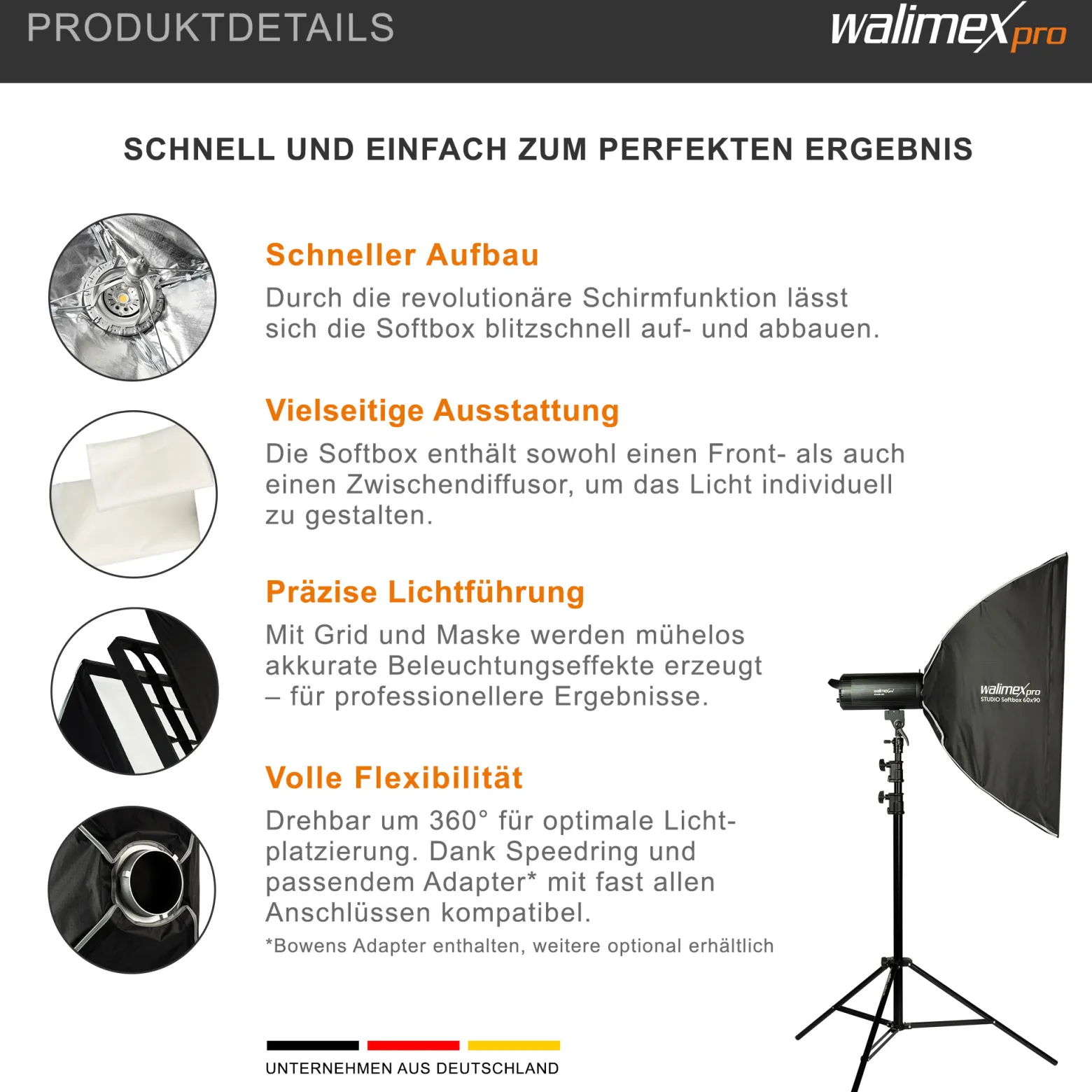 Walimex pro Studio Softbox 60x90cm, um 360° drehbar, einfacher Aufbau dank Schirmfunktion, inkl. Grid, Masken, Bowens Adapter und Transporttasche, ideal für Produkt- und Peoplefotografie