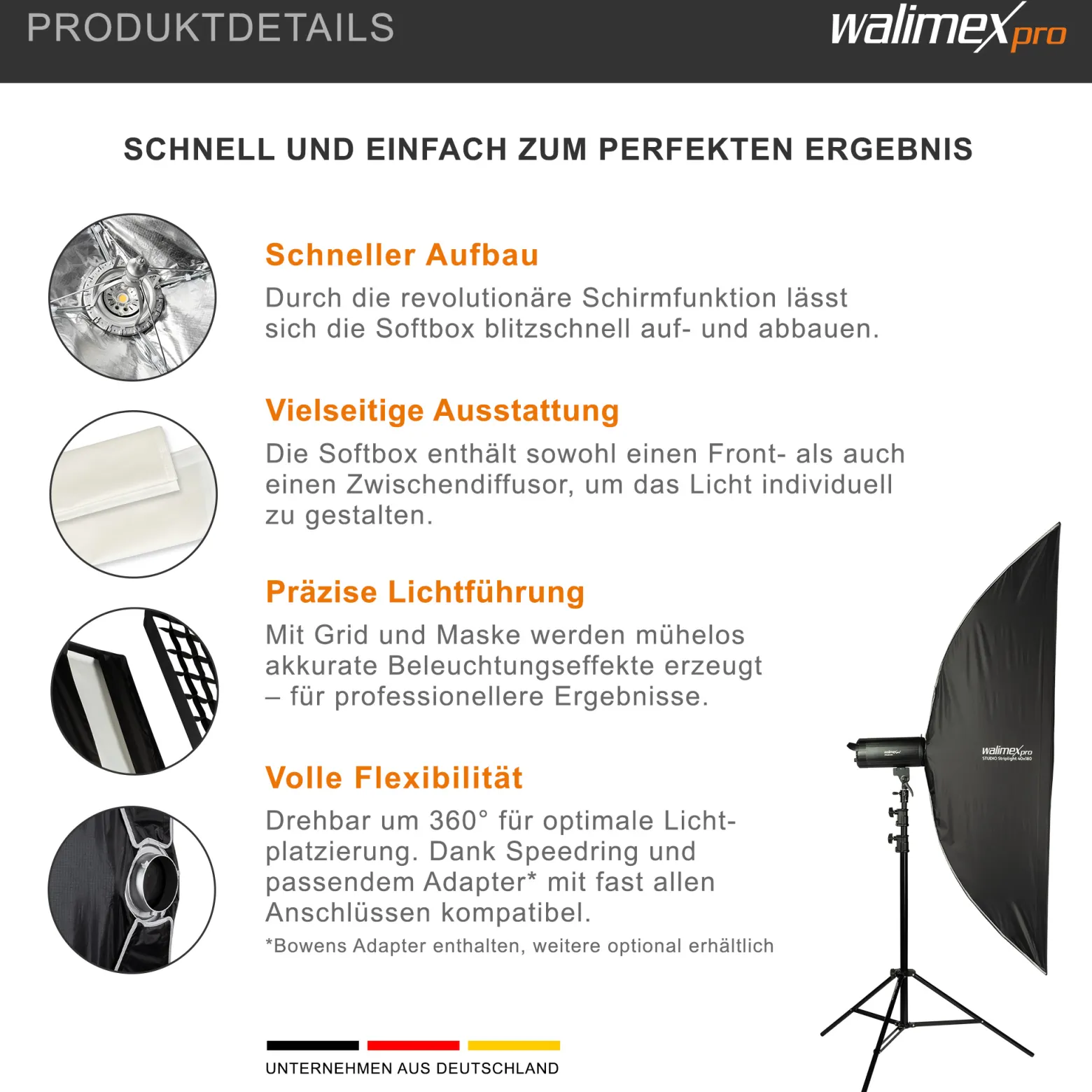 Walimex pro Studio Striplight Softbox 40x180cm, um 360° drehbar, Schirmfunktion, inkl. Grid, Maske, Bowens Adapter, Transporttasche, ideal für Produkt- und Peoplefotografie