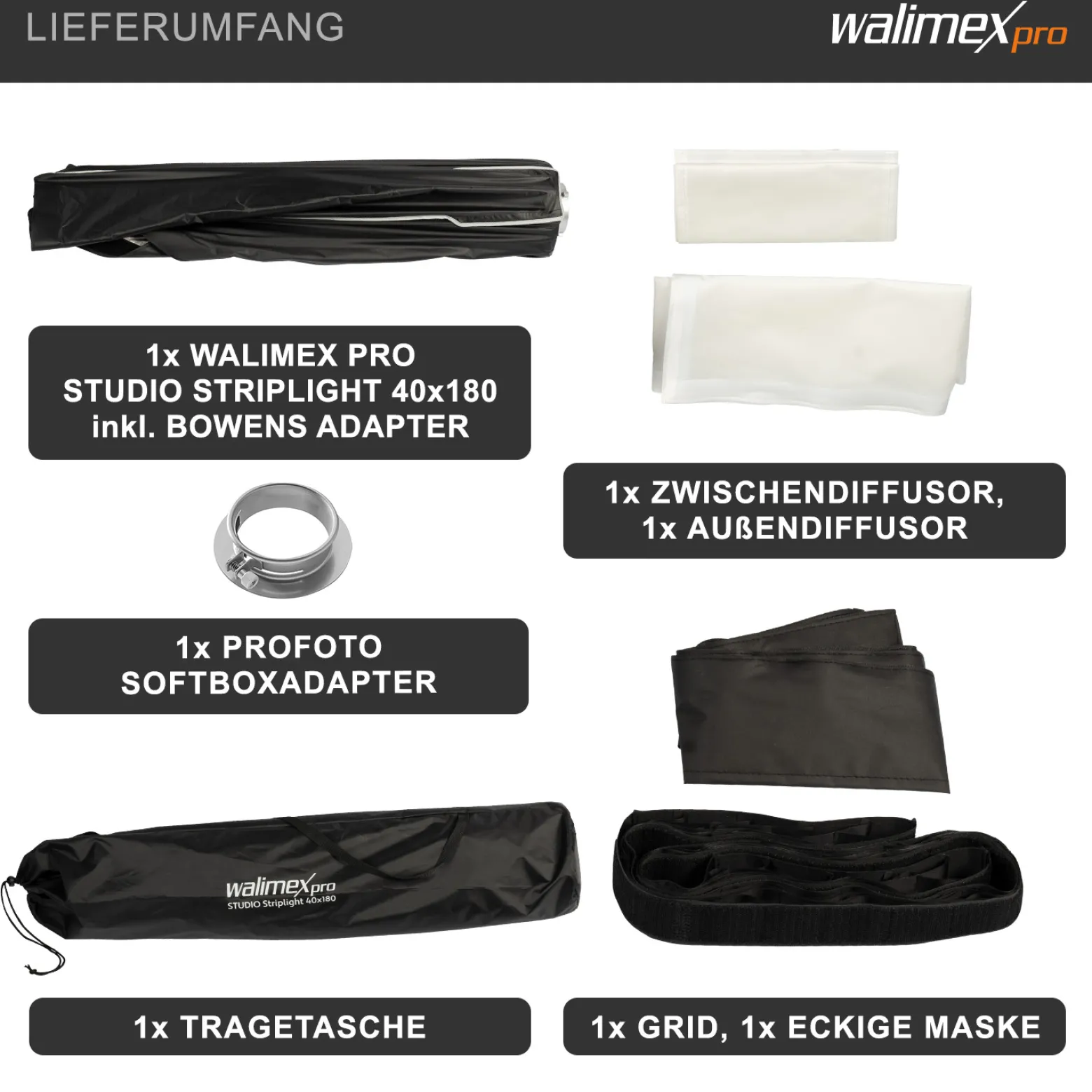Walimex pro Studio Striplight Softbox 40x180cm + Softboxadapter für Profoto (Außendurchmesser: 15,2 cm), um 360° drehbar, inkl. Grid, Maske, Bowens Adapter und Transporttasche
