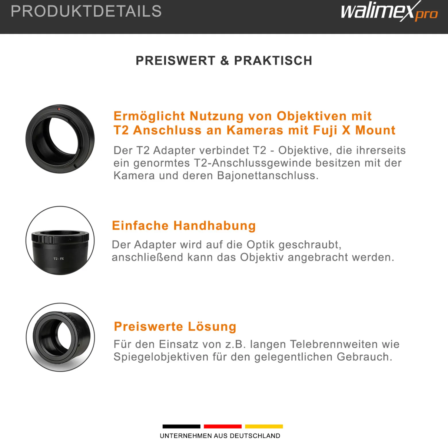 Walimex pro T2 Adapter kompatibel mit Fuji X - 60 x 60 x 40 mm - Adapterring mit manuellem Fokus, einfache Handhabung, Objektiv-Anschlussring für X-T10, X-T20, X-T1, X-T2, X-E2, X-E3