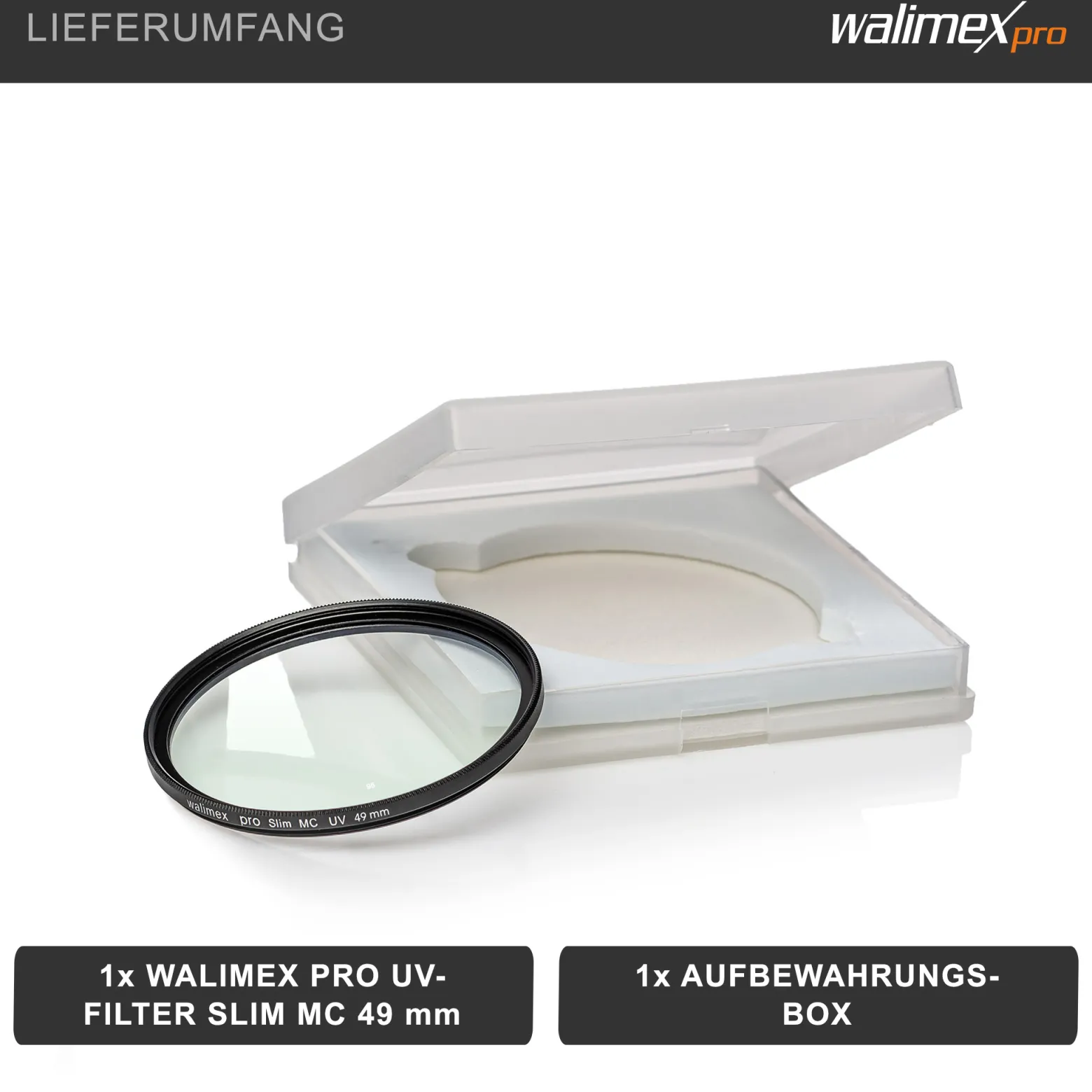 Walimex pro UV-Filter Slim MC 49mm - Schutz vor UV-Strahlen und Verschmutzung, Hochwertige Mehrschichtvergütung, mit äußerst dünner, gering auftragender Metallfassung, Inkl. Schutzhülle