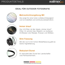 Walimex pro UV-Filter Slim MC 49mm - Schutz vor UV-Strahlen und Verschmutzung, Hochwertige Mehrschichtvergütung, mit äußerst dünner, gering auftragender Metallfassung, Inkl. Schutzhülle