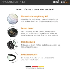 Walimex pro UV-Filter Slim MC 72mm - Schutz vor UV-Strahlen und Verschmutzung, Hochwertige Mehrschichtvergütung, mit äußerst dünner, gering auftragender Metallfassung, Inkl. Schutzhülle
