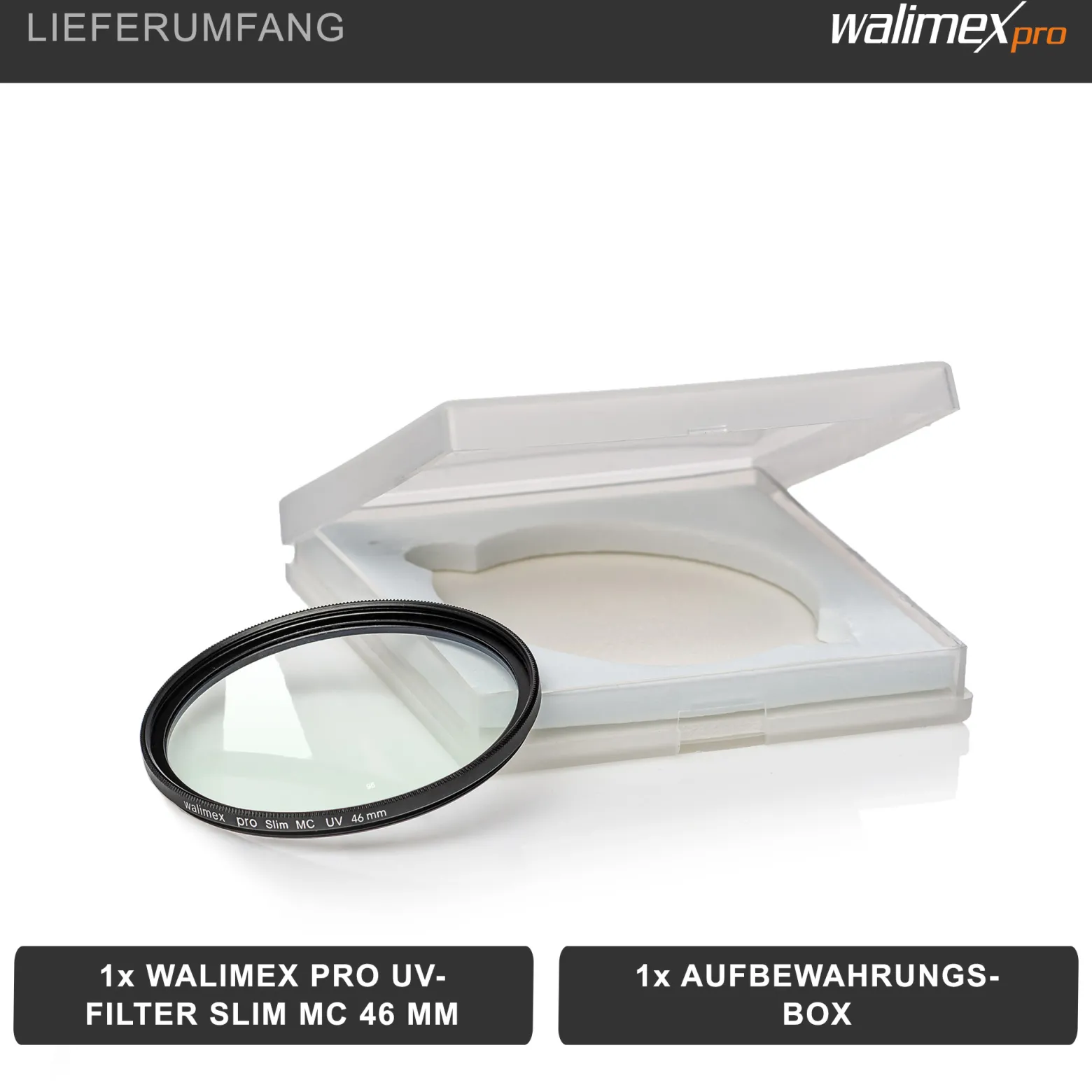 Walimex pro UV-Filter Slim MC 46mm - Schutz vor UV-Strahlen und Verschmutzung, Hochwertige Mehrschichtvergütung, mit äußerst dünner, gering auftragender Metallfassung, Inkl. Schutzhülle