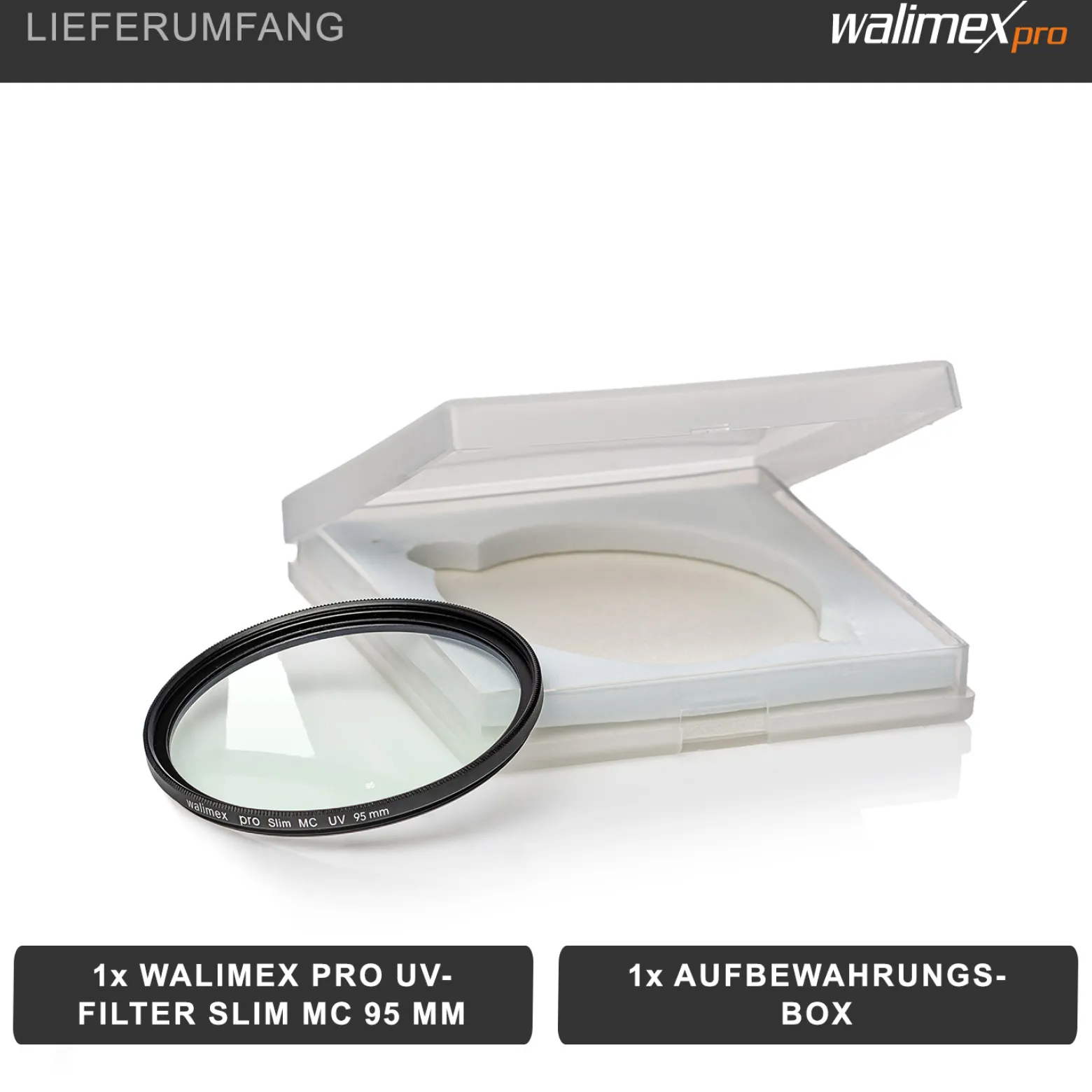 Walimex pro UV-Filter Slim MC 95mm - Schutz vor UV-Strahlen und Verschmutzung, Hochwertige Mehrschichtvergütung, mit äußerst dünner, gering auftragender Metallfassung, Inkl. Schutzhülle