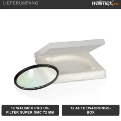 Walimex pro UV-Filter Slim Super DMC 72mm - besonders hochwertiger UV Filter Objektivfilter, Slim – nur 2,5 mm,16x Super DMC Vergütung, für Objektivschutz und brilliante Farben, mit Box
