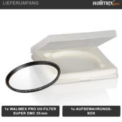 Walimex pro UV-Filter Slim Super DMC 55mm - besonders hochwertiger UV Filter Objektivfilter, Slim – nur 2,5 mm,16x Super DMC Vergütung, für Objektivschutz und brilliante Farben, mit Box
